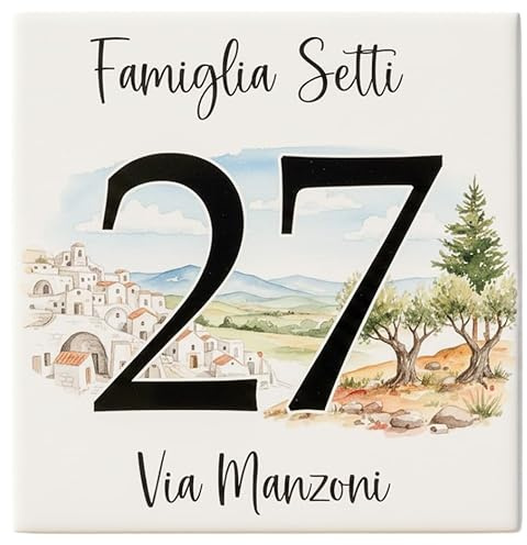 Numero Civico in Ceramica Personalizzabile Con la tua Regione Italiana, Targa Decorativa su Mattonella 11x11cm, con Indirizzo e Nome Famiglia, Made in Italy,Regioni Italiane (Basilicata)