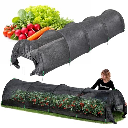 KADAX Pflanztunnel 350 x 90 x 70 cm, Gemüsetunnel aus schwarzem PE Netz, UV-Schutz für Pflanzen, Netztunnel mit stabilen Bögen, Abdeckung für Hochbeet