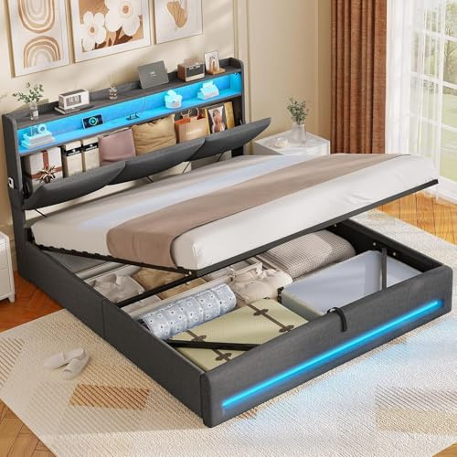 AOGLLATI Ottoman Bed Double 135x190 cm, Double Bed Frame with Hydraulic Underbed Storage and Charging Ports, 4ft6 Bed Frame with LED Lights and Upholstered Storage Headboard, Space-saving, Dark Grey