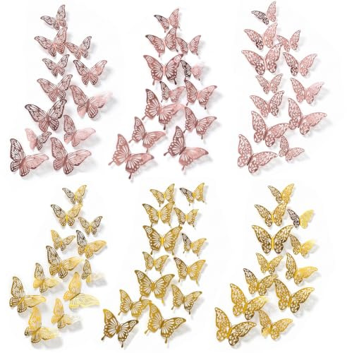 72 autocollants muraux papillons 3D | 3 tailles 3 styles pailletés | amovibles | Or rose, Or
