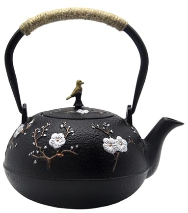 Teekanne aus Gusseisen, japanischer Stil, Tetubin, Teekessel mit herausnehmbarem Edelstahl-Ei für Herdplatte, Teekanne aus Emaille, blaues Eisen, für Kaffee, Teebeutel, Pflaumenblüten, 1200 ml | Eisenteekanne, Tetsubin, mit Teesieb für losen Tee, interne Emaille, Induktionsherd sicher, schönes Muster