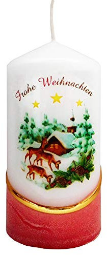 Meissner-Handel Auswahl Motiv, Weihnachtskerze 'Frohe Weihnachten' ca. 6 x 12 cm, farbig getaucht, mit farbigen Wachs- und Bildauflagen * (Motiv 035)