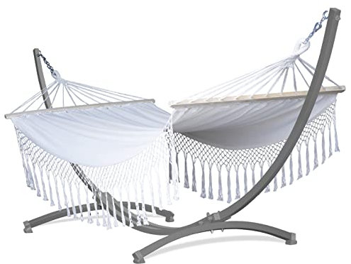 Potenza Outdoor Hängematte mit Gestell für 2 Personen I Stabhängematte XXL 220x160, 200kg I Verzinkter Hängemattengestell 220kg Wetterfest (Santia-Ecru, Gestell Grau)