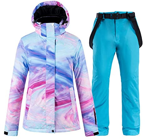Damen Ski Anzüge Set, Frauen Bunte Gedruckte Wasserdichte Warme Atmungsaktive Kapuze Ski Anzüge Set, Ski Jacken und Hosen Snowboarden, zum Skifahren, Eislaufen, Schneesport ( Color : A blue color , Si