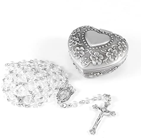 WHLHMK Rosary Beads Catholic for Girls With Rosary Box, White Crystal Heart Shaped Beads Necklace with Heart Shaped Vintage Jewelry Box, Anglican Prayer Beads Christian Gifts for Women
