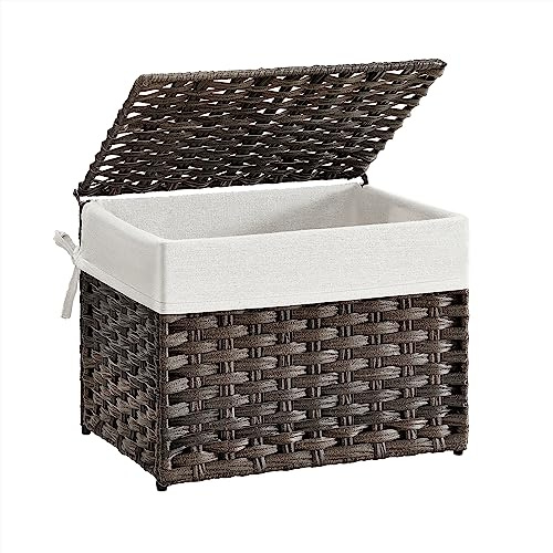 SONGMICS Storage Basket with Lid, Woven Blanket Storage Bin with Handles, Foldable, Removable Liner, Metal Frame, for Bedroom, Laundry Room, 9.2 Gallons (35 L), Brown URST040K01