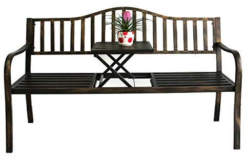 ZMYJTO 59-Zoll-Terrassen-Gartenbank, Außenbank, Metall-Balkon-Parkbank mit Mitteltisch, wetterfester Veranda-Sitz, Gartenmöbel, Stahlrahmenbank mit Rückenlehne, für Hof, Terrasse