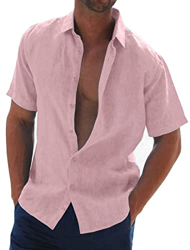 Halfword Uomo Camicia Lino Manica Corta Estiva Casual Risvolto Cotone Hawaiian Tinta Unita Vacanze Beach