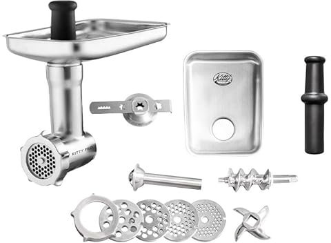 Kitty Professional Fleischwolf Schredder aus hochwertigem Edelstahl inkl. Lochscheiben, Messer, Wurstfüllhorn, Spritzgebäckvorsatz kompatibel mit Kitchen Aid, ideal für Fleisch und Gemüse