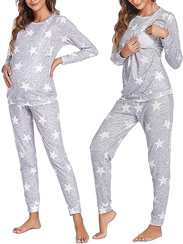 Ekouaer Pigiama Donna Premaman Pigiami maternità Manica Lunga Invernale Due Pezzi Abbigliamento da Notte Morbido Camicia da Notte, Stelle Grigio-2, XXL