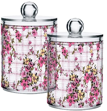 GAIREG Paquete de 2 dispensadores Qtip para bolas de algodón, diseño floral, a cuadros, frascos de boticario, cepillo de dientes de baño