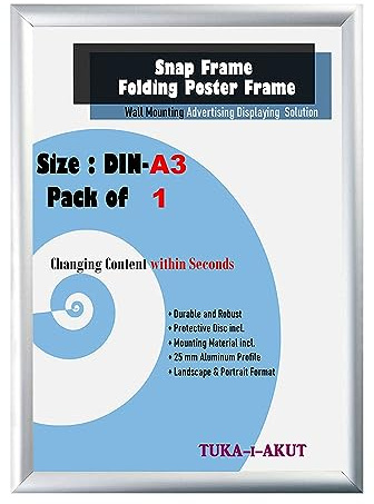TUKA-i-AKUT A3 Cadre à Clipser en Aluminium, Profilé 25 mm Snap pour Affiche Photo Poster, avec Vitre de Protection et Matériel de Fixation - Couleur Argent TKD8420-A3