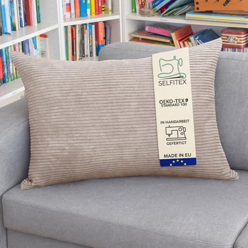 Selfitex XXL Breitcord Sofakissen 60x80 cm, Couchkissen mit Füllung und Bezug, edler Cord Stoff, extra weich und dekorativ, modische Breit Cord Optik, superweiche Kissen, Moderne Farben (Hellbraun)