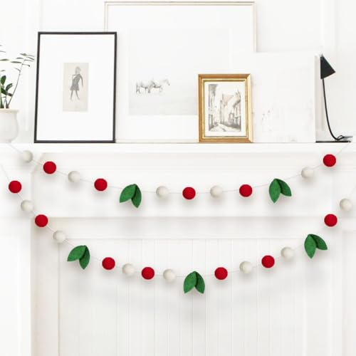 Christmas Felt Ball Garlands, Christmas Colorful Pom Pom Garlands for Winter Holiday Decorations Christmas Tree Decor Xmas Holiday Party Birthday Banner (Red White Leaves)