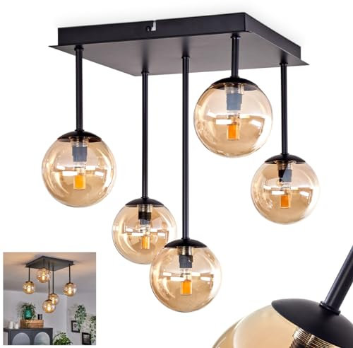 HOFSTEIN Deckenleuchte Chehalis, Deckenlampe aus Metall/Glas in Schwarz/Bernsteinfarben, Leuchte im Retro/Vintage-Design mit Schirmen aus Glas (Ø 10 cm), 5 x G9 LED, ohne Leuchtmittel