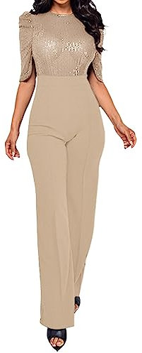 Dinnesis Damen-Jumpsuit mit Rundhalsausschnitt, mittellangem Bund, locker sitzendem, weitem Bein und Pailletten Jumpsuit Damen Denim (Beige, XXL)