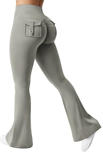 ZAAYO Flare Leggings with Pockets for Women Scrunch Butt Sport Leggings High Waist Bootcut Leggings for Workout Gym Yoga Casual Light Gray Small