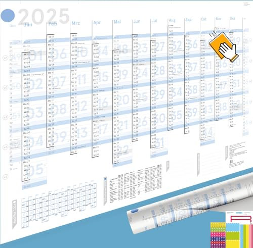 weekview XL Jahresplaner Blau 2025 Wandkalender KW-orientiert (A1) GEFALZT. Querformat, gerollt - Wandplaner, Jahreskalender, Plakatkalender (Abwischbar Blau)