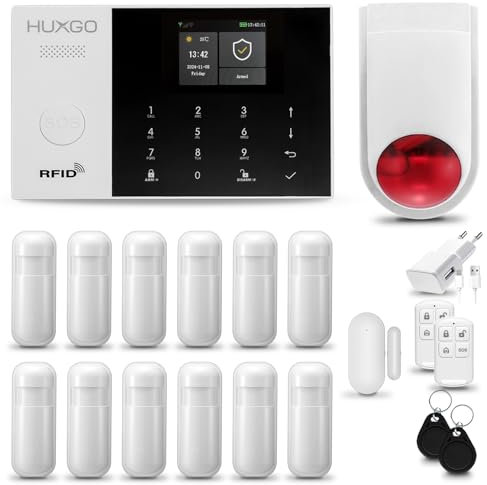 HUXGO® HXA005 Sistema di allarme casa senza fili con solare Sirena esterna WiFi + GSM | Impianto allarme casa kit con 1x sensori di allarme per finestre/portes, 12x rilevatori di movimento