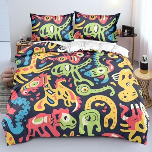 EXSANLIEAY Monster Bettwäsche 200x220 - Karikatur Wendebettwäsche, Weiche & Atmungsaktiv Microfaser Bettbezug + 2 Kissenbezug 80x80, Angenehme bettwäsche-Sets, 3 Teiligmit Reißverschluss