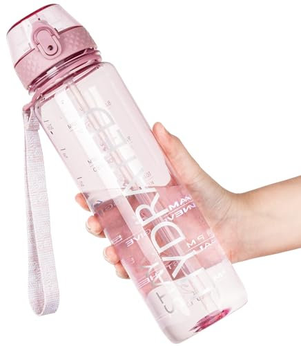 OLDLEY 1L Sports Water Bottle with Straw, Tritan 1 Litre Motivational Drink Bottle, BPA Free Leakproof Transparent Water Bottle with Time Marker for Cycling, School, Gym, Outdoor (Pink)