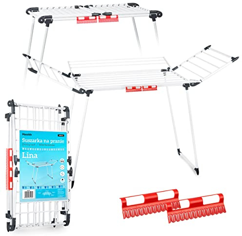 Massido Wäscheständer Ausziehbar Groß Wäscheflügeltrockner Wäschetrockner Ständer Stabiler Standtrockner Mit Rutschfesten Füßen Trockenfläche 22 M Lina Weiß 174 x 56 x 108 cm