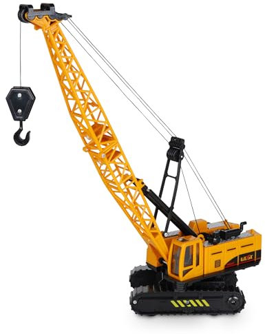 Oramics Raupenkran Kettenkran Baustellenfahrzeug Metall Kunststoff mit Rückzugfunktion - Spielzeug Baustellenkran drehbare Kabine beweglicher Haken Kinderspielzeug für draußen und drinnen (Kran Gelb)