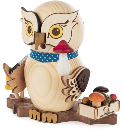Rudolphs Schatzkiste Räucherfigur Eule Pilzsammler mit Korb Höhe 16cm NEU Uhu Kuckuck Räuchermann Rauchmann Rauchfigur
