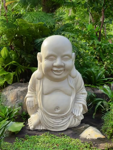 LOVETRENDS Sitting Buddha Statue (12 / 30cm) - Beige Happy & Plump Garden Ornament – Perfect for Home & Garden Decor, Meditation Spaces, Zen Altars, Spiritual Gifts, and Outdoor Display
