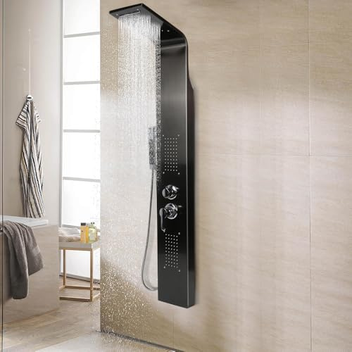 Système De Douche Thermostatique Avec Douche Et Cascade, Colonne douche en acier inox, douche à pluie, douche de massage et douche cascade pour salle de bain-15 * 47 * 130 cm-noir