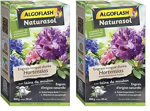ALGOFLASH NATURASOL Engrais Hortensias, Rhododendrons et Azalées, Longue durée 5 mois, Jusqu'à 20 m², UAB, 800 g, ABIOHOR800 (Lot de 2)
