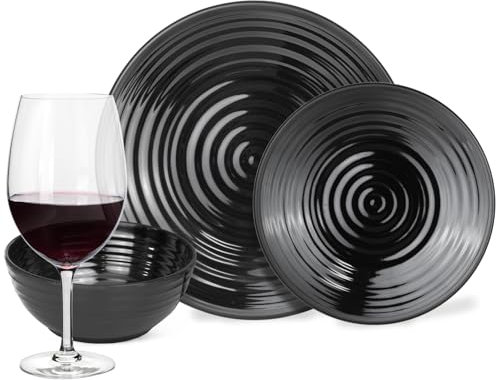 Set di stoviglie da campeggio in melamina, per 4 persone, colore: nero scuro + 4 bicchieri da vino rosso
