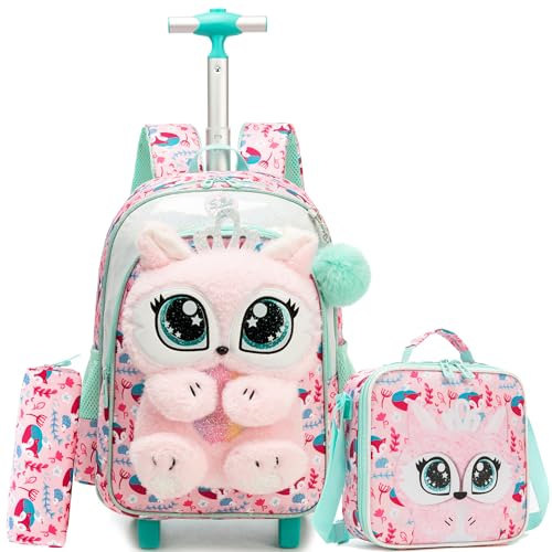 HTgroce Mochila escolares con ruedas para niñas, Mochilas Escolares con Carro con Bolsa de Comida y Estuche para lápices