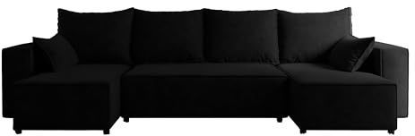 4ALL HOME Ecksofa mit Schlaffunktion Tobi U 316x145 cm - Couch - Sofa mit Bettkasten - Eckcouch - L-Form - Schlafsofa - Schlafsofa mit Bettkasten (Velo 637 Schwarz)