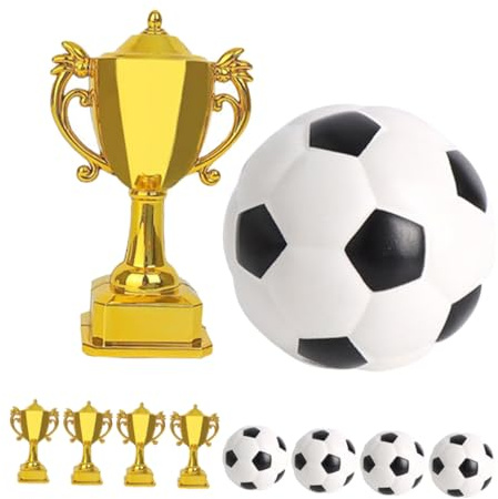 BESTonZON 5 Sets Mini Soccer Ball Cake Toppers and Gold Award Trophy Cups Plastic Football Decorations for Sports Party Favors Birthday Cake Accents and Stylish Table Props