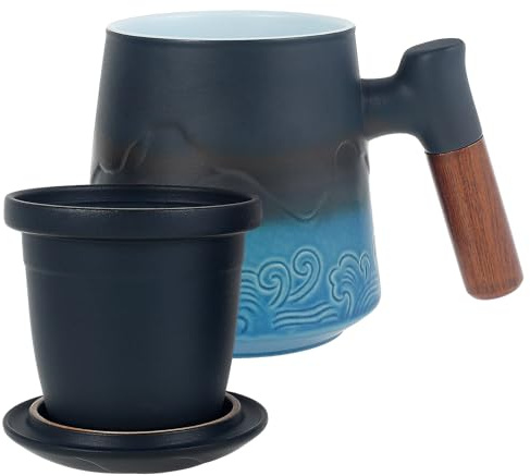 BOBASH Steeping Tea Cups with Infuser and Lid Artistic Embossed Pattern Ceramic Teacup with Handle 450ml Tea Steeping Mug Fine Mesh Strainer Hot Teacup for Home Office