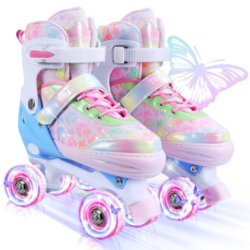 Kids Roller Skates, 4 Size Adjustable Quad Skates with All Light Up Wheels, 10C to 8 Rollerskates for Toddlers, Beginners, Boys, Girls, Outdoor, Indoor, Pink, Medium