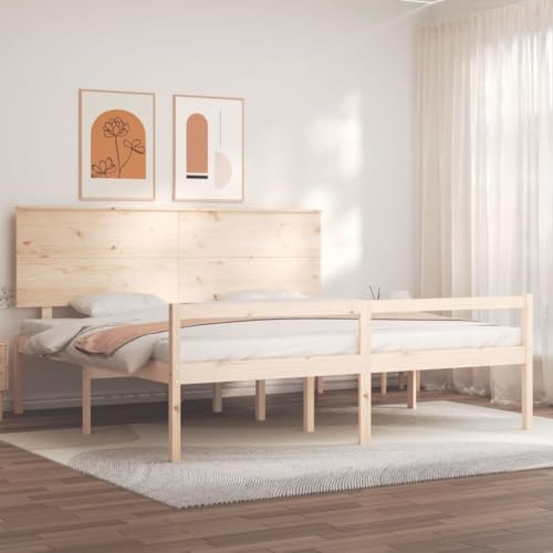 QJBSAVVA Seniorenbett 200x200 Kiefer Massivholz 45 cm Sitzhöhe mit Kopfteil Stauraum unter dem Bett rustikales Design komplett für Schlafzimmer Wohnung Seniorenwohnung