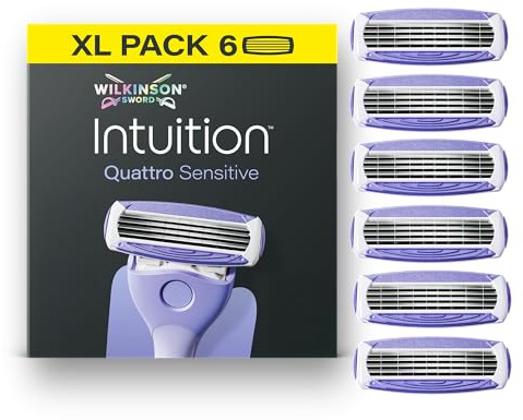 Wilkinson Sword Intuition Quattro Sensitive, 6 Ersatzklingen | Rasierer für Damen, 4 Klingen, dermatologisch getestet, rutschfester Stehgriff, XL-Pack, 6 Nachfüllpackungen