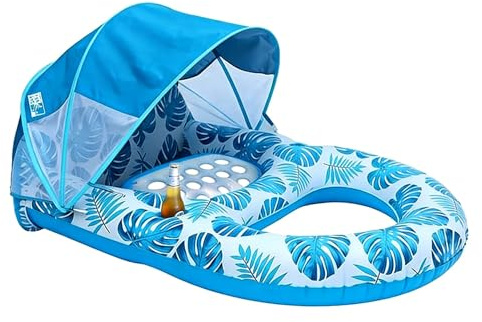 Cheffery Luftmatratze Pool, Aufblasbares Sonnenpool Wasser Aufblasbarer Sessel Schwimmbad-Flöße Erwachsene mit Verstellbarem Sonnendach, Getränkehaltern und Fußstütze für SommerPool Strand (Blau)