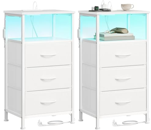 SONGMICS BELLAH Colección - Mesita de Noche con Estación de Carga, Mesa Auxiliar con Luz LED Ajustable Controlada por App, 1 Estante y 3 Cajones, Juego de 2, Blanco Nube LGS203W102