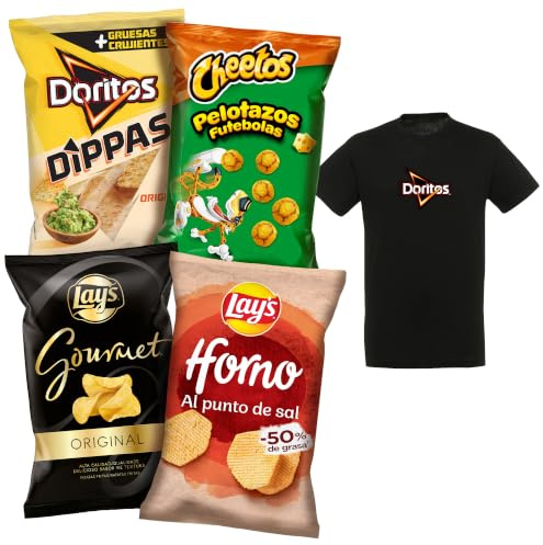 Pack Variado de 8 Bolsas LAY’S Horno, DORITOS Dippas, LAY’S Gourmet, CHEETOS Pelotazos, 4 Packs de 2 Bolsas Individuales para Aperitivo y Consumo Diario + Camiseta de Regalo