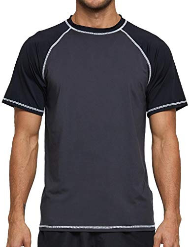 Arcweg Rashguard Men Short Sleeves Diving UV Protection UPF 50+ Elastic Rash Vest Loose Fit Top Swimming Quick Drying Surfing Pool T-Shirt Sports Top Rashie 2XL(EU) Black and Grey