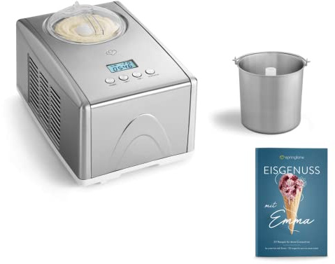 Ismaskin Emma 1,5 l med självkylande kompressor 150 watt, av rostfritt stål med utdragbar isbehållare, inkl. receptstöld Silber/Weiß + Zusatzbehälter Edelstahl