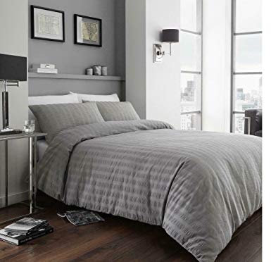 Rayyan LINEN SEERSUCKER DUVET COVER BEDDING SET WITH PILLOWCASES (Grey Silver, Double)