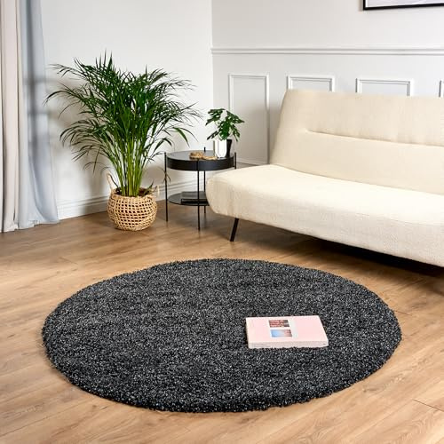 Bravich Round Grey Shaggy Rug 120cm (4') 5cm Pile Anthracite Circle Thick Fluffy Living Room Bedroom Hessian Backed Washable