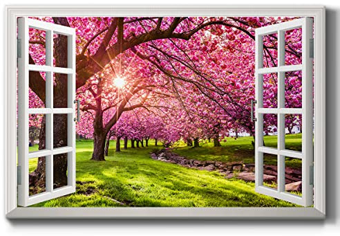 Renditions Gallery Nature Home Decor Scenic Window View of Spring Season Cherry Blossom Trees Canvas Pictures & Prints for Living Room Kitchen Walls - 18X27 LT38