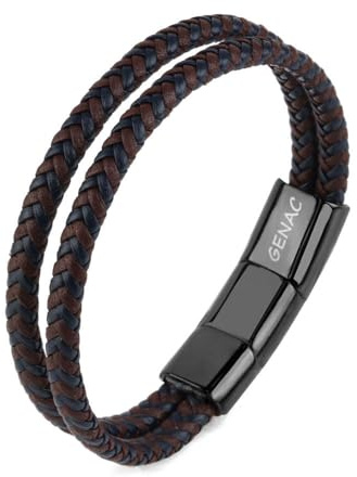 genac Bracelet Double Pour Homme En Cuir Véritable Tressé De Haute Qualité Marron Et Bleu Avec Fermoir Magnétique Amovible En Acier Inoxydable Pour Régler Facilement La Longueur.