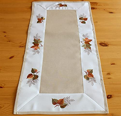 matches21 Tischläufer/Mitteldecke Stickerei Blätter/Herbst Laub Motiv Tischwäsche beige-bunt 40x85 cm Polyester
