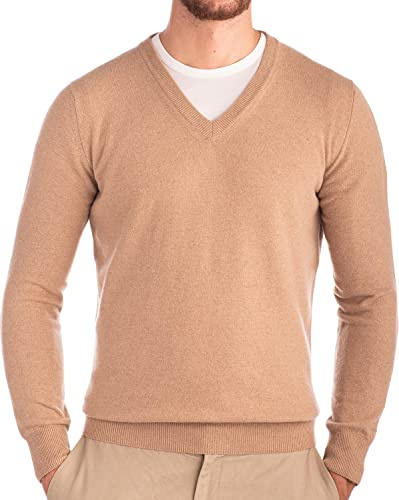 Cashmere Zone – Pull Homme Col V Chaud Hiver, Cachemire Laine, Tricot Fin Élégant Classique, Maille Douce Made in Italy (M, Beige)